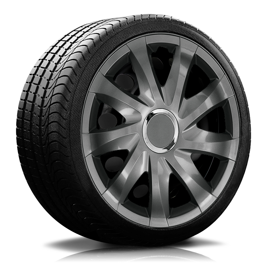 Reifen Radkappe RKK01-graphit auf Reifen Ein Reifen mit Felge, auf der eine Radkappe des Modells RKK01 in graphit ist.