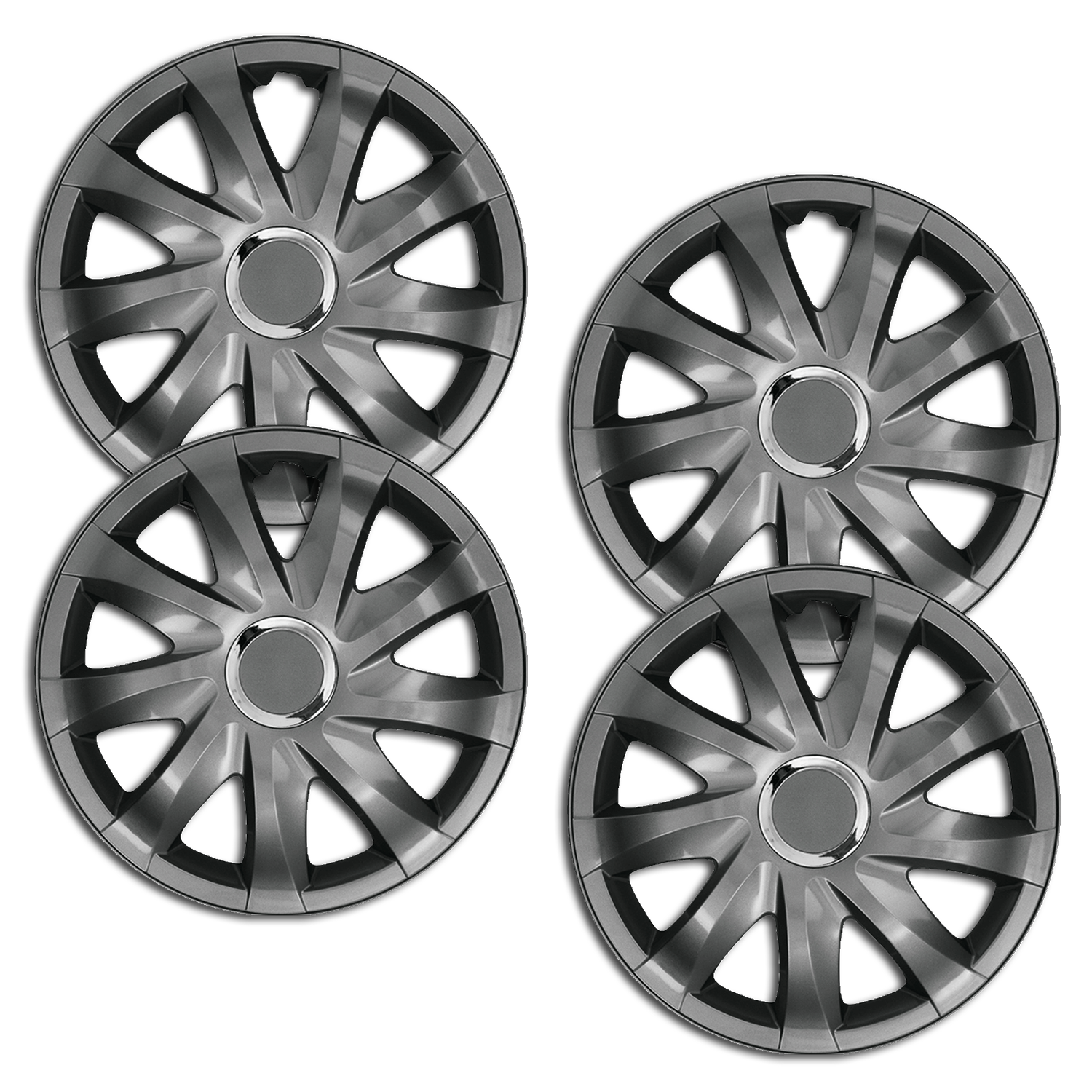 4 Radkappen Frontaufnahme RKK01 graphit. Eine Frontaufnahme des 4er Set Radkappen Modell RKK01 in graphit.