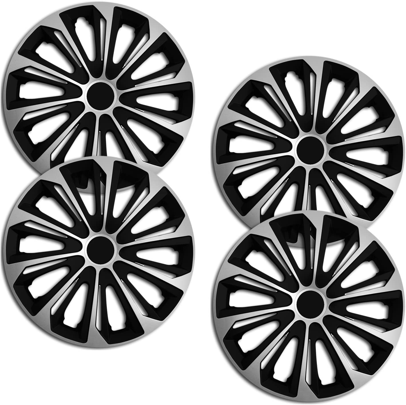 4 Radkappen Frontaufnahme RKK06 schwarz-silber Eine Frontaufnahme des 4er Set Radkappen Modell RKK06 in schwarz-silber.