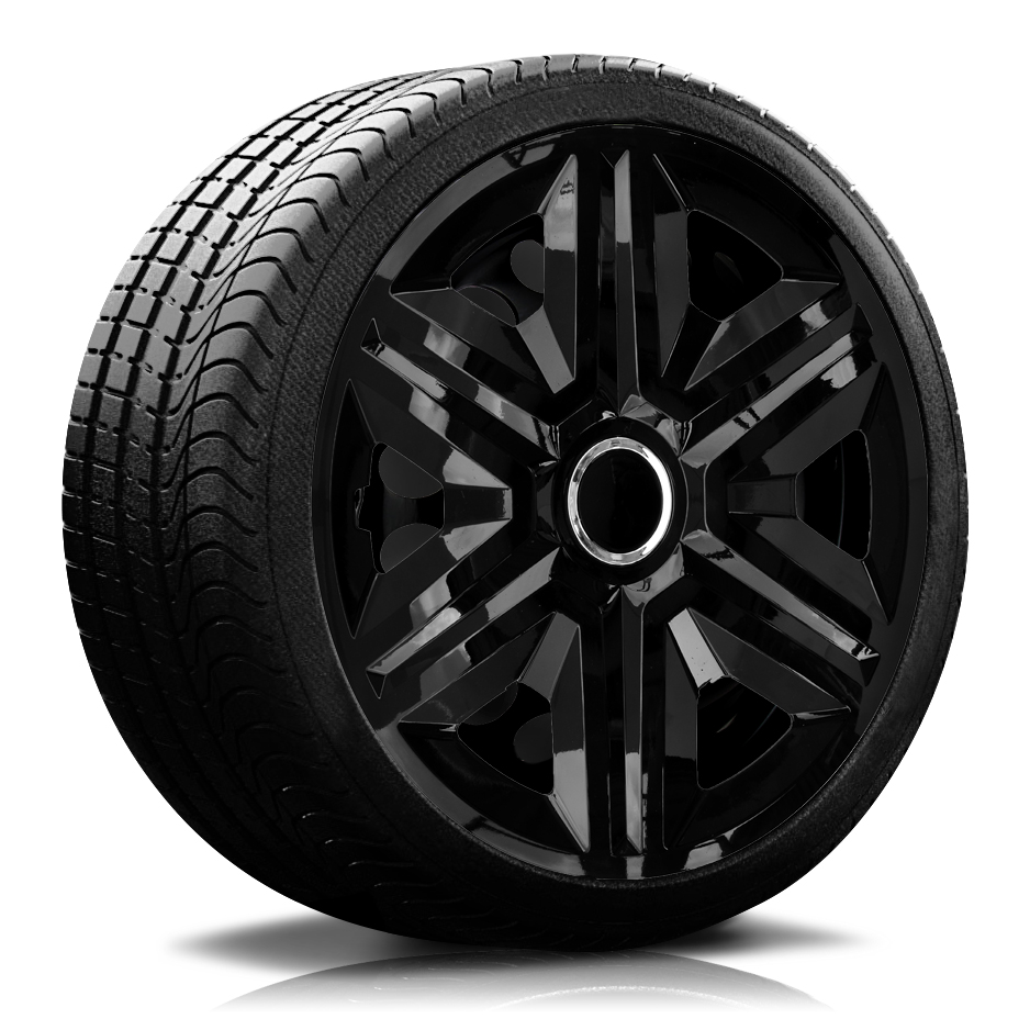 Reifen Radkappe RKK21 schwarz Ein Reifen mit Felge, auf der eine Radkappe des Modells RKK21 schwarz ist.