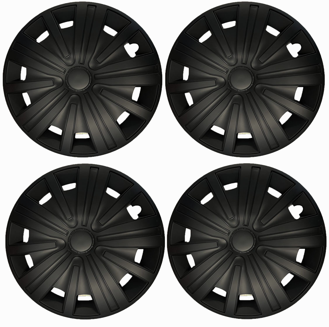 4 Radkappen Frontaufnahme RKK17 schwarz Eine Frontaufnahme des 4er Set Radkappen Modell RKK17 in schwarz.