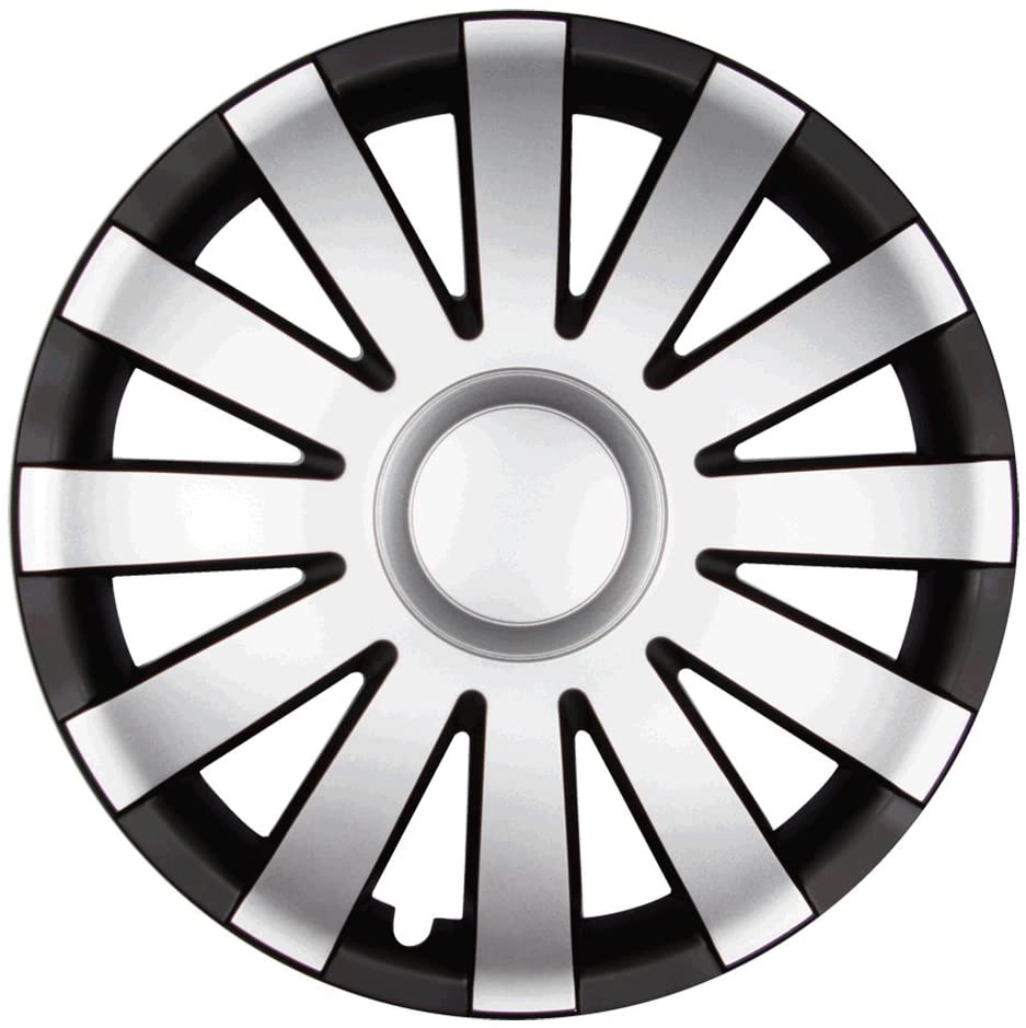Einzelne schwarz-silberne Radkappe RKK09 als Ersatz für Auto-Stahlfelgen im modernen bicolor Design.