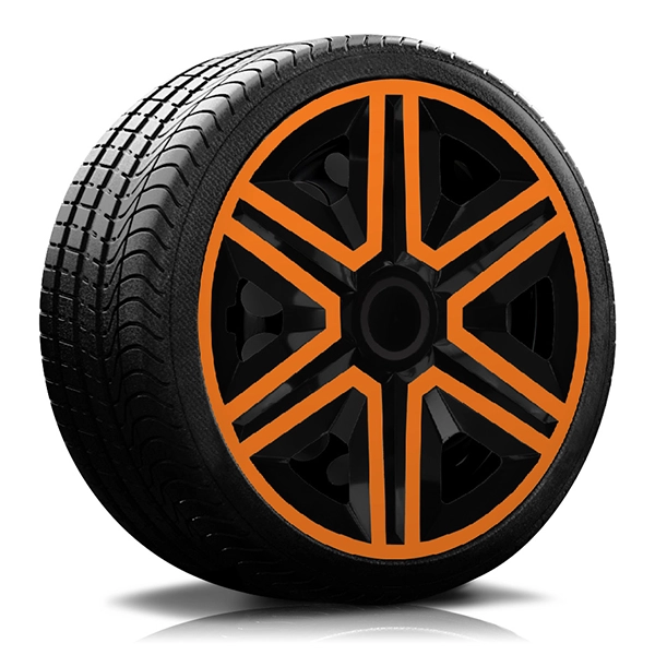 Ein Reifen mit Felge, auf der eine Radkappe des Modells RKK20 schwarz-orange ist.