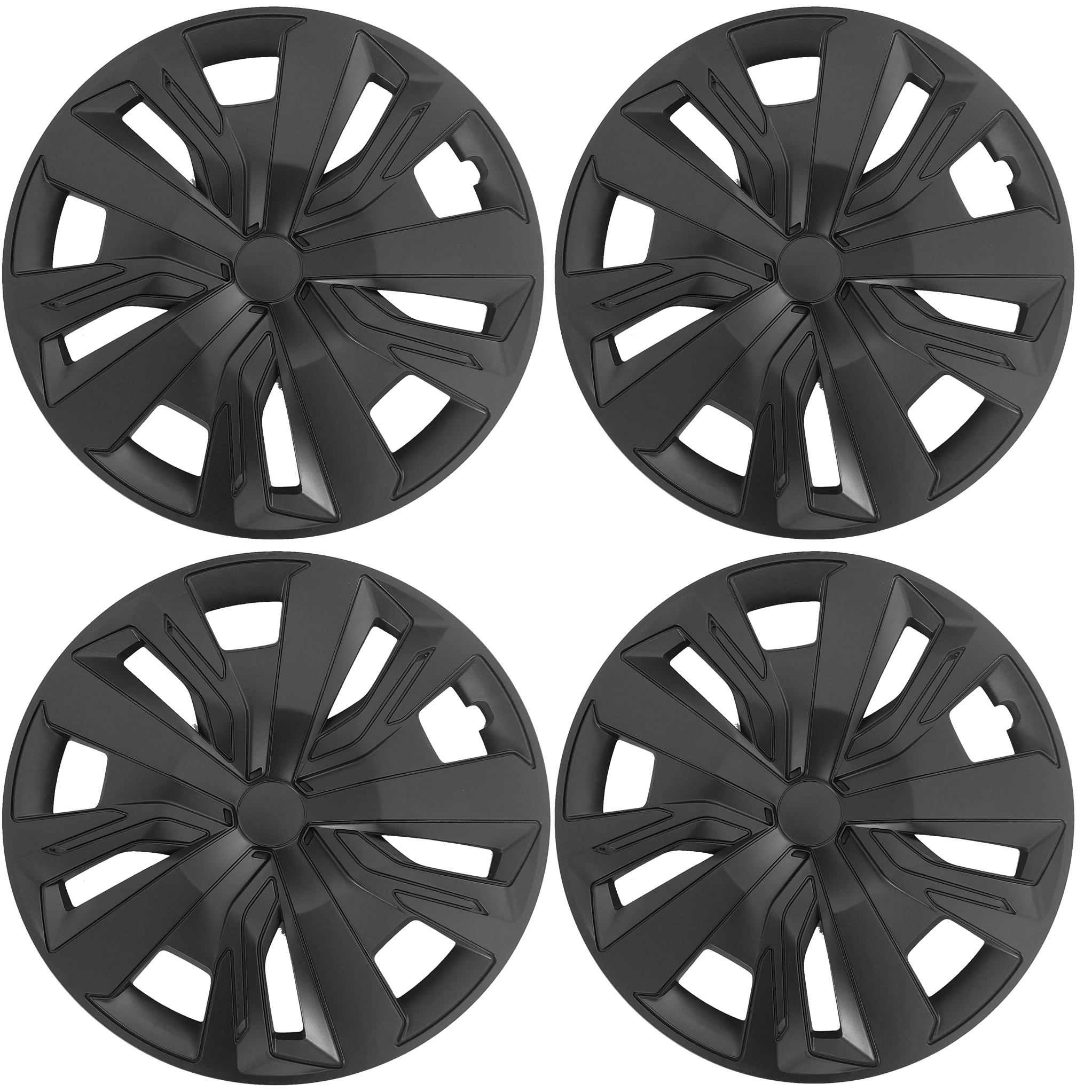 4 Radkappen Frontaufnahme RKK18 schwarz Eine Frontaufnahme des 4er Set Radkappen Modell RKK18 in schwarz.