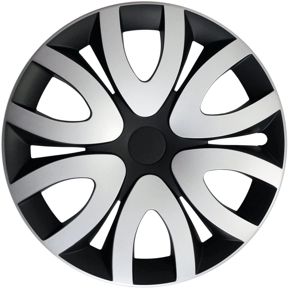 Einzelne schwarz-silberne Radkappe RKK10 als Ersatz für Auto-Stahlfelgen im modernen Bicolor-Design.