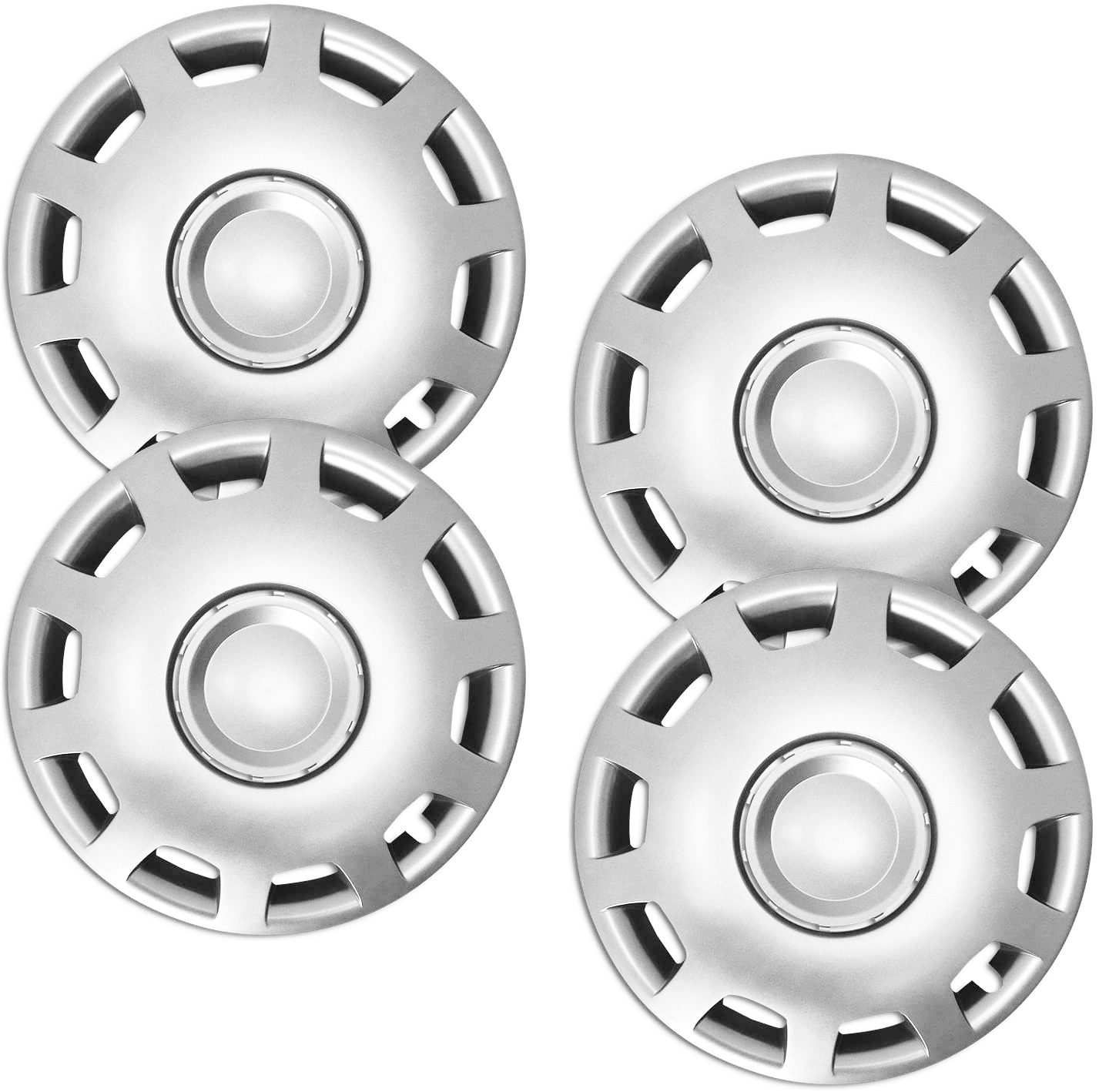 Vier silberne Radkappen RKK15 im praktischen 4er-Set für Auto-Stahlfelgen in klassischem, eleganten Design.