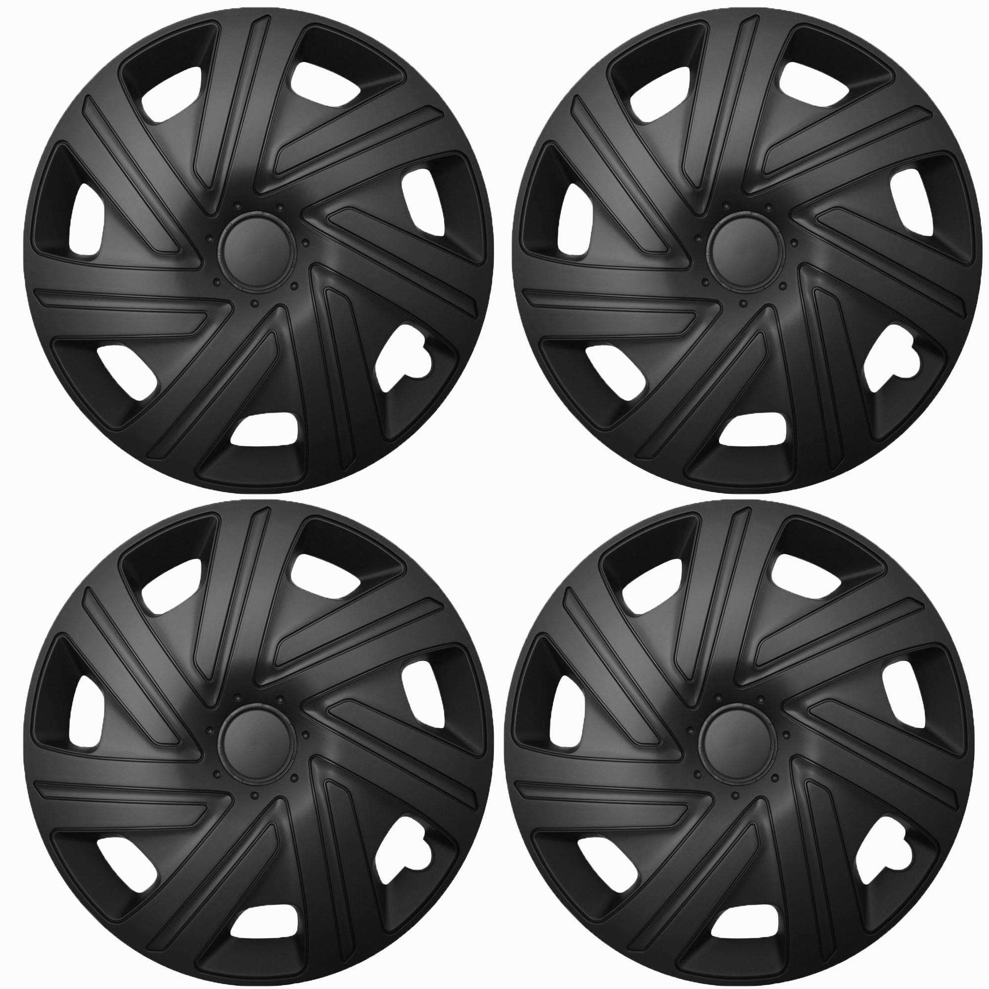 4 Radkappen Frontaufnahme RKK06 schwarz Eine Frontaufnahme des 4er Set Radkappen Modell RKK07 in schwarz.