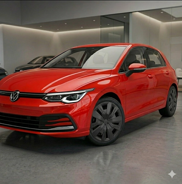 VW Golf 8 mit montierten schwarzen Radkappen RKK18 für eine sportliche und moderne Optik auf den Stahlfelgen.