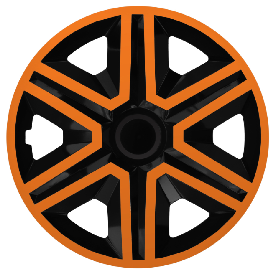 Radkappe Frontaufnahme RKK20 schwarz-orange Eine Frontaufnahme der Radkappe Modell RKK20 in schwarz-orange.