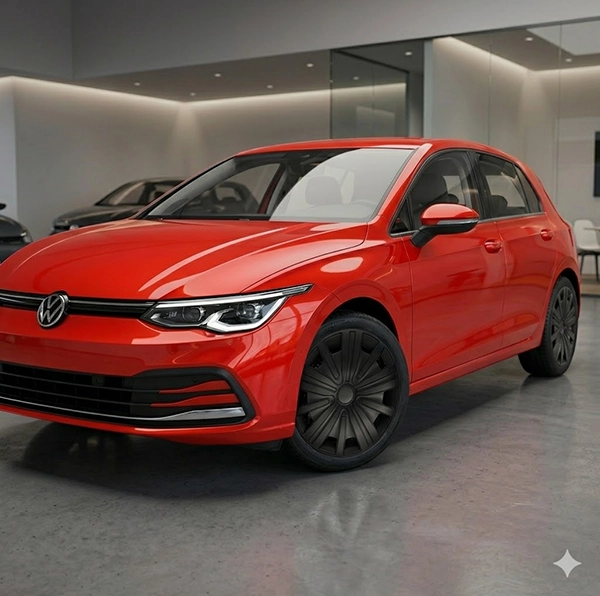 VW Golf 8 mit montierten schwarzen Radkappen RKK17 für eine sportliche und moderne Optik auf Stahlfelgen.