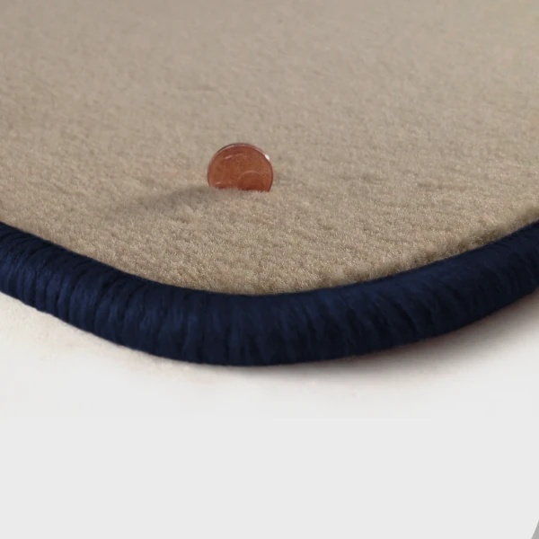 Eine Ecke als Beispiel einer Fussmatte Velours beige mit Rand in dunkelblau.