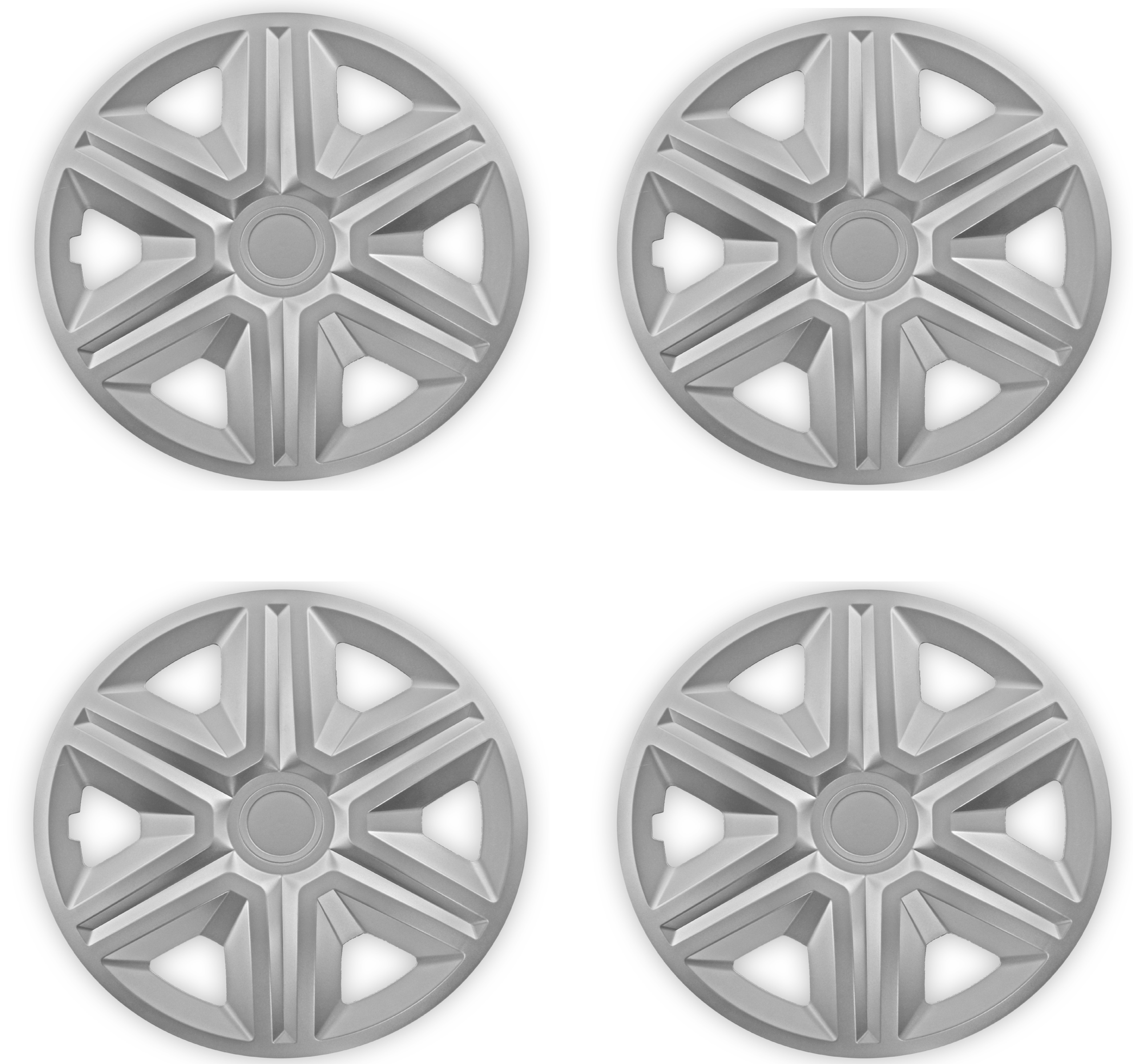 4 Radkappen Frontaufnahme RKK20 silber Eine Frontaufnahme des 4er Set Radkappen Modell RKK20 in silber.