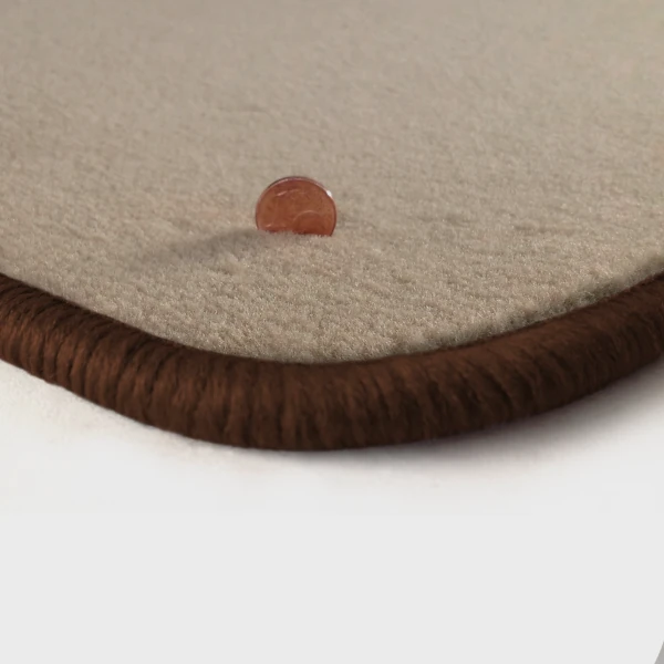 Eine Ecke als Beispiel einer Fussmatte Velours beige mit Rand in braun.