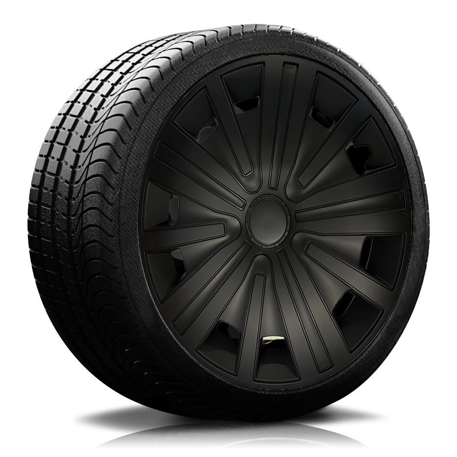 Reifen Radkappe RKK17 schwarz Ein Reifen mit Felge, auf der eine Radkappe des Modells RKK17 schwarz ist.