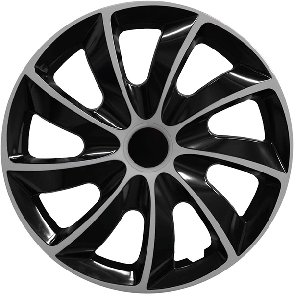 Eine Frontaufnahme der Radkappe Modell RKK02 in schwarz-silber.