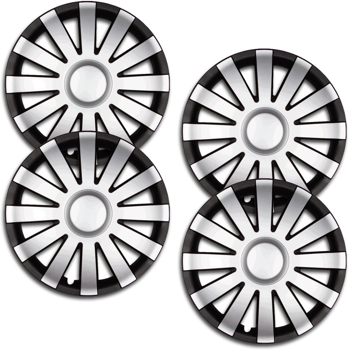Vier schwarz-silberne Radkappen RKK09 im 4er-Set für Auto-Stahlfelgen mit modernem, sportlichem bicolor Design.