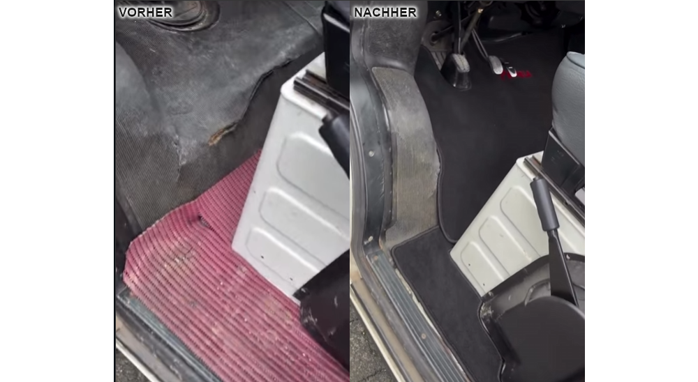 Das Bild zeigt eine Vorher-Nachher-Fotomontage der alte zerschlissene Fußmatte links und rechts die neuen maßgefertigten Fußmatten jeweils im Innenraum des Fahrzeugs.