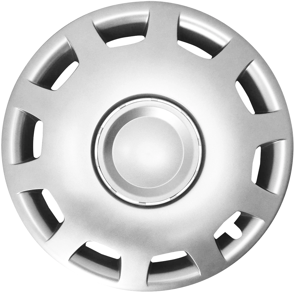Einzelne silberne Radkappe RKK15 als praktischer Ersatz für Auto-Stahlfelgen im klassischen, eleganten Design.
