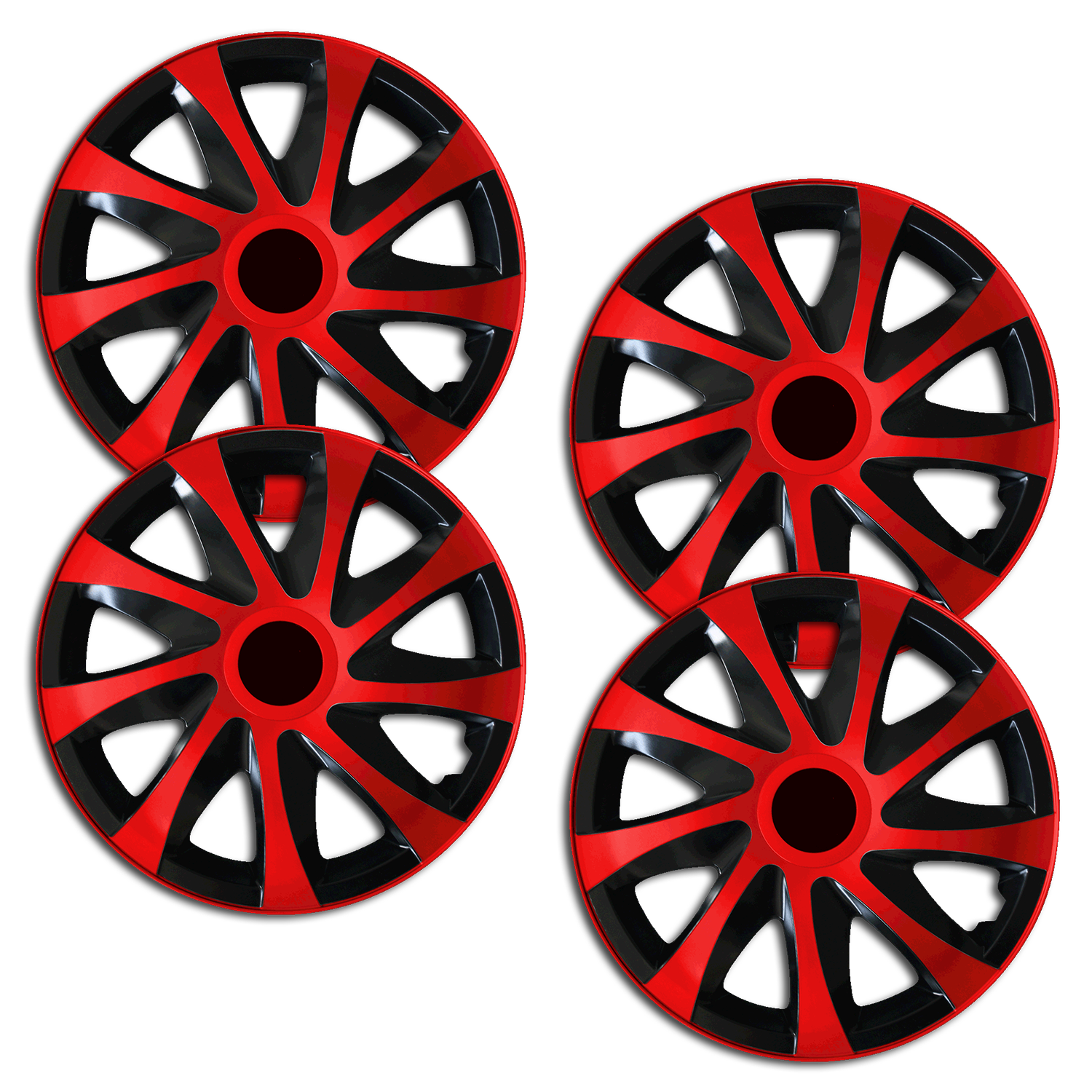 4 Radkappen Frontaufnahme RKK04 schwarz-rot Eine Frontaufnahme des 4er Set Radkappen Modell RKK04 in schwarz-rot.