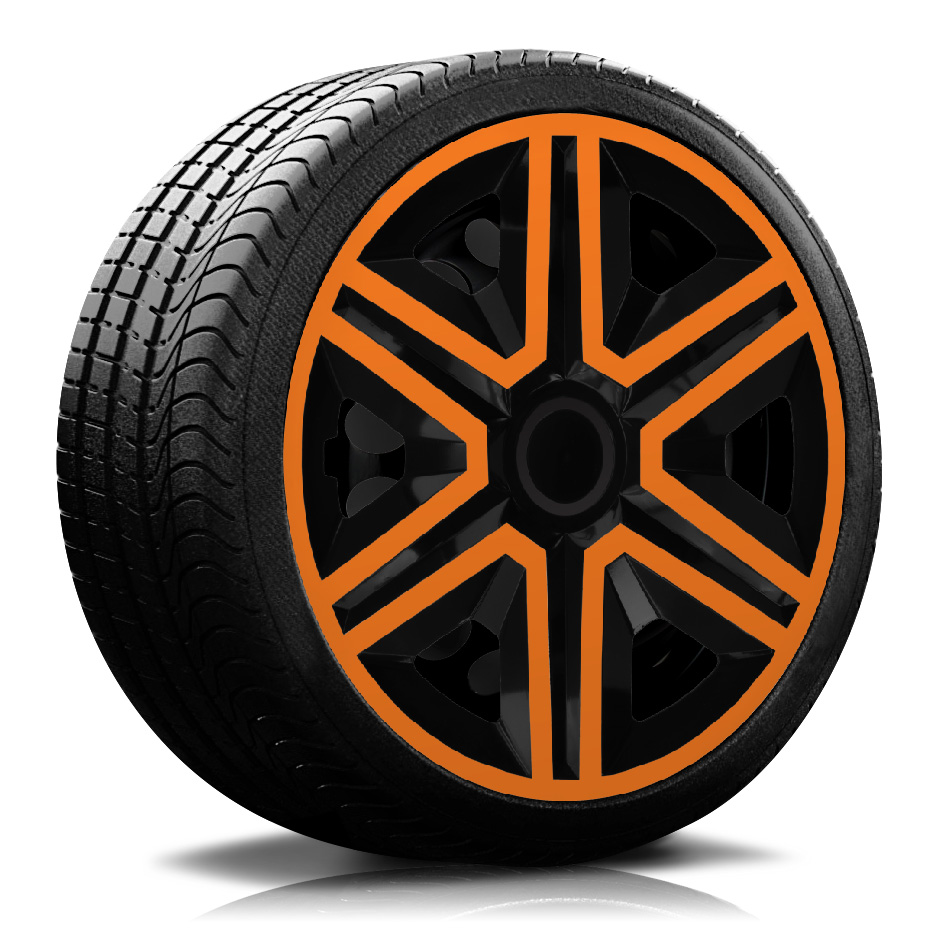 Reifen Radkappe RKK20 schwarz-orange Ein Reifen mit Felge, auf der eine Radkappe des Modells RKK20 schwarz-orange ist.