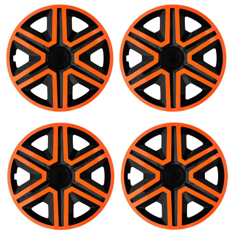4 Radkappen Frontaufnahme RKK20 schwarz-orange Eine Frontaufnahme des 4er Set Radkappen Modell RKK20 in schwarz-orange.