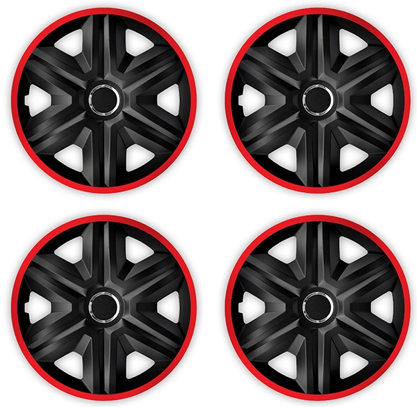 Eine Frontaufnahme des 4er Set Radkappen Modell RKK21 in schwarz-rot.