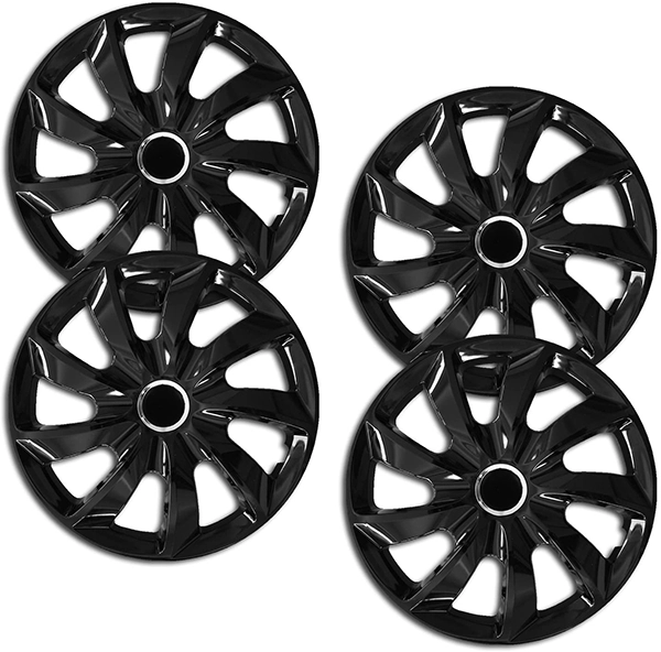 Eine Frontaufnahme des 4er Set Radkappen Modell RKK05 in schwarz.
