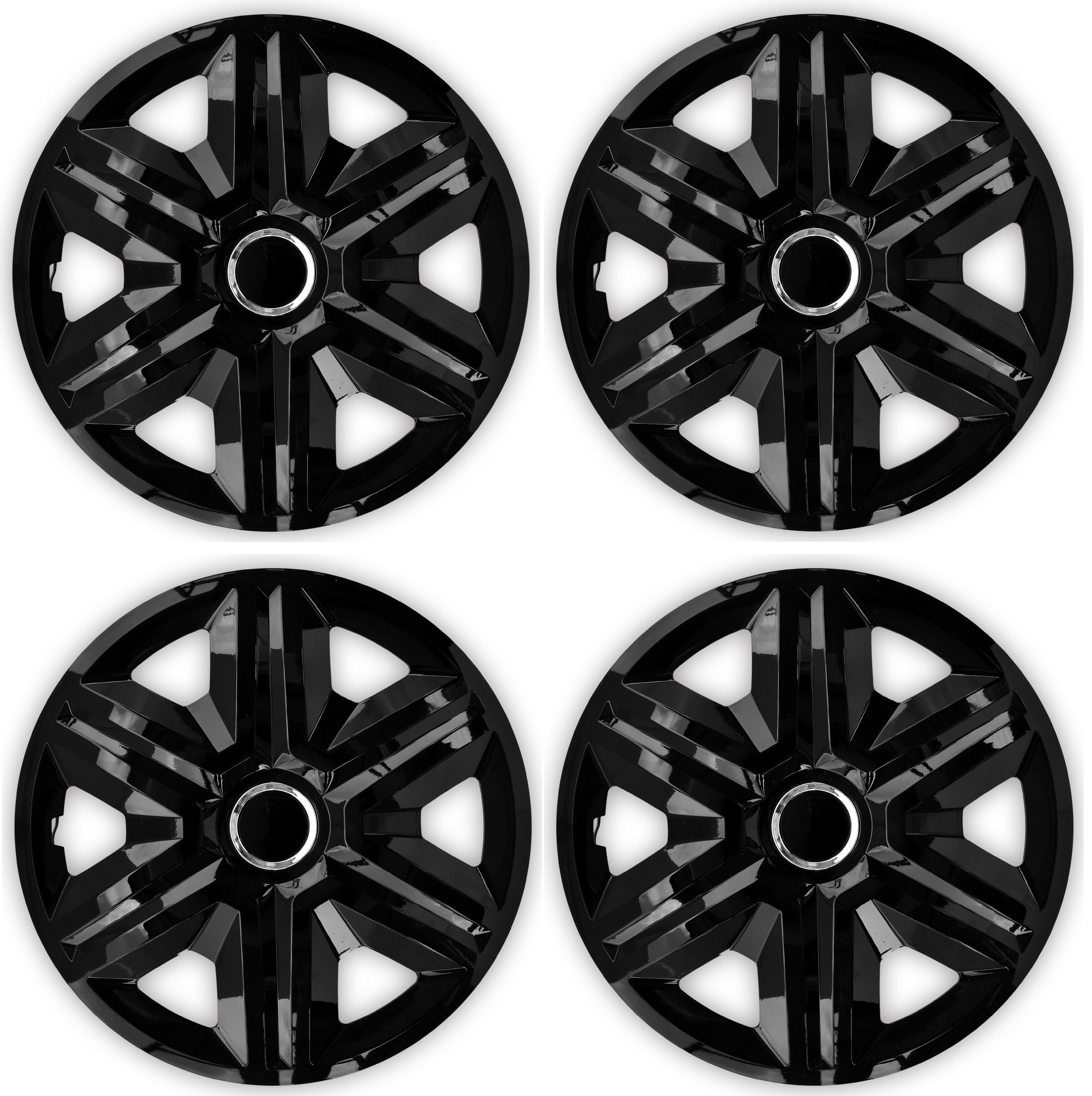 4 Radkappen Frontaufnahme RKK21 schwarz Eine Frontaufnahme des 4er Set Radkappen Modell RKK21 in schwarz.