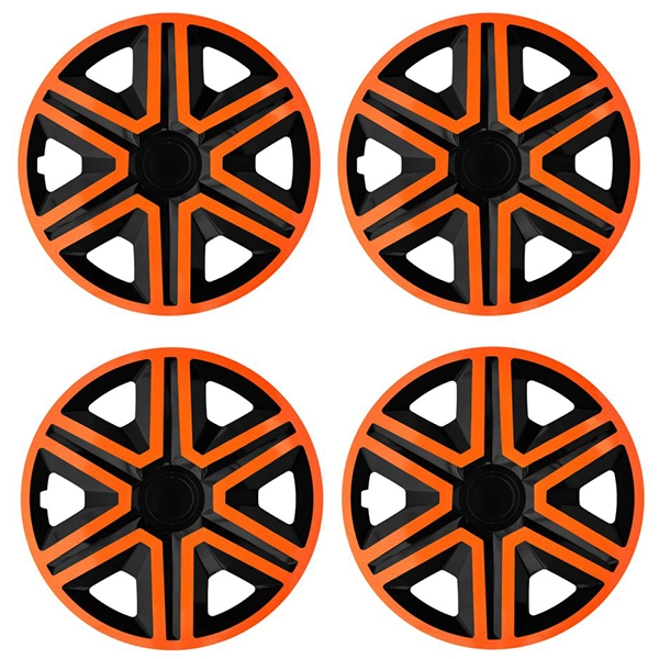 Eine Frontaufnahme des 4er Set Radkappen Modell RKK20 in schwarz-orange.
