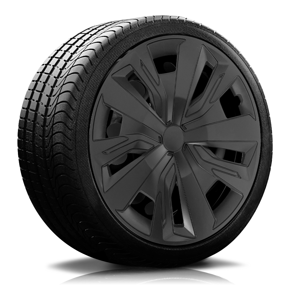 Reifen Radkappe RKK18 schwarz Ein Reifen mit Felge, auf der eine Radkappe des Modells RKK18 schwarz ist.